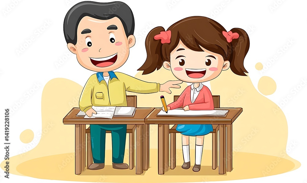 Smiling Teacher and Student Studying Together at Desk Smiling Teacher and Student Studying Together at Desk
