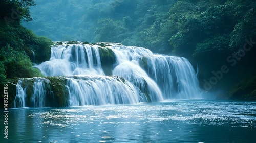 Captivating Cascading Waterfall with Serene River Flowing Through Lush Green Landscape Showcasing the Power and Beauty of Nature