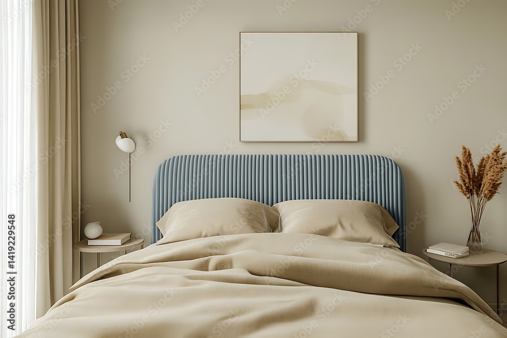 Obraz premium Minimalist Bedroom Interior with Light Blue Bedhead, Beige Linens and Wall Art