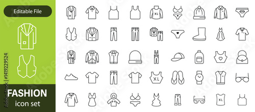 Set of line icons related to fashion, sewing, and clothing. Outline icon collection. clothes and cloth elements - minimal thin line web icon set. Outline editable icons collection. Dress,polo t-shirt