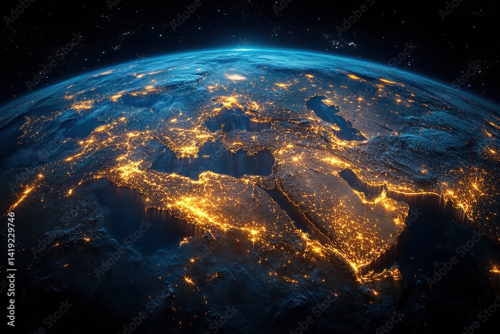 Fototapeta premium Vibrant urban lights illuminate Europe and the Middle East at night from space showcasing geographical features
