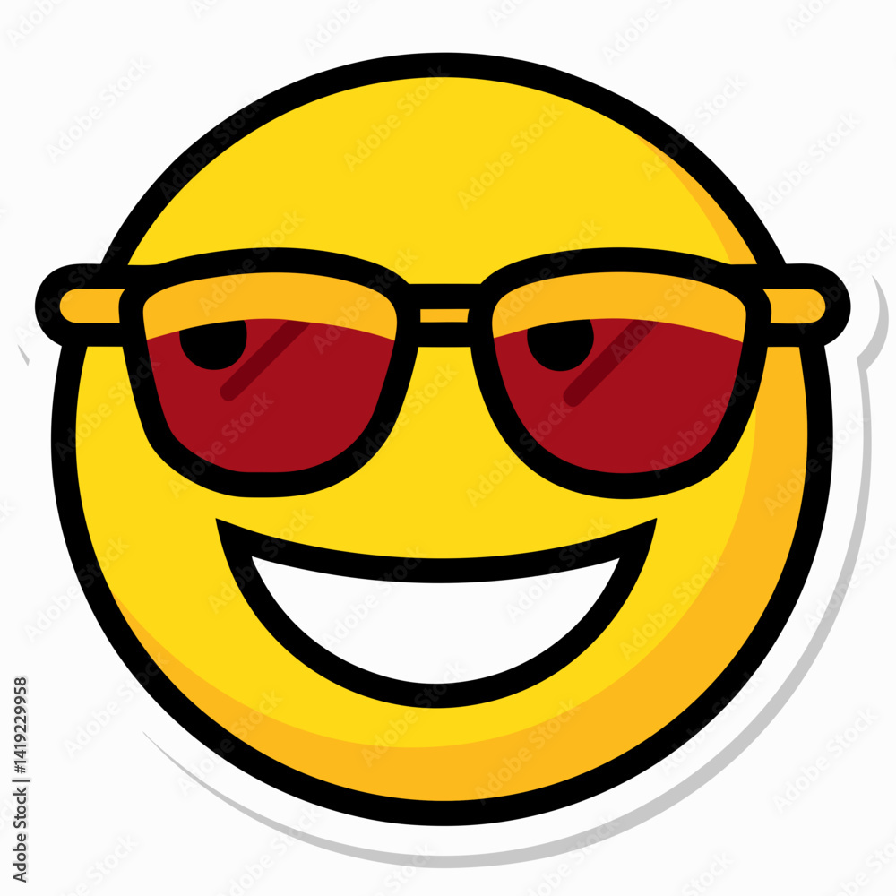 A smiling yellow emoticon wearing sunglasses on a sticker, conveying a cheerful and relaxed vibe. A smiling yellow emoticon wearing sunglasses on a sticker, conveying a cheerful and relaxed vibe.