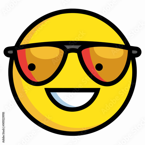 A smiling yellow emoticon wearing sunglasses on a sticker, conveying a cheerful and relaxed vibe.