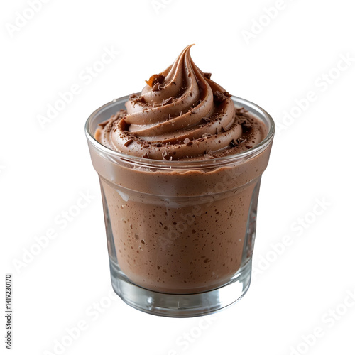 Smooth and airy chocolate mousse in clear glass cup, topped with swirl of chocolate, perfect for dessert lovers