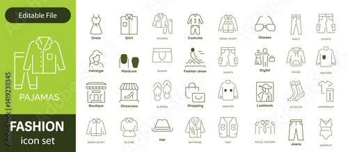 Set of line icons related to fashion, sewing, and clothing. Outline icon collection. clothes and cloth elements - minimal thin line web icon set. Outline editable icons collection. Dress,polo t-shirt
