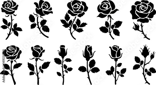  Detailed Rose Silhouettes Vector Set: Flowers, Stems, Leaves