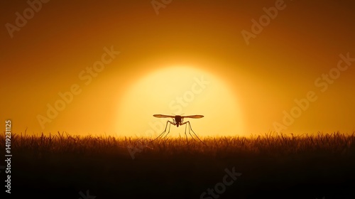 Captivating silhouette of a mosquito flying gracefully against a backdrop of a dramatic colorful sunset sky filled with moody clouds  This minimalist