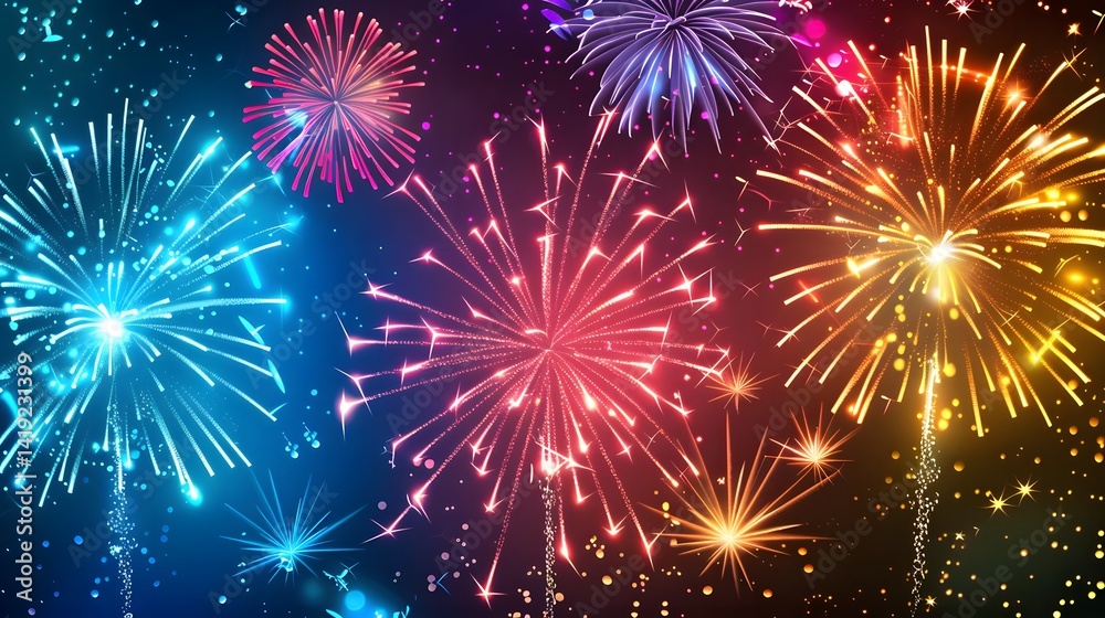 Fototapeta premium Vibrant Fireworks Display: Exploding Colors Light Up the Night Sky with Brilliant Sparks and Trails, Creating a Festive and Magical Celebration. A Symphony of Light and Color Illuminates the Darkness
