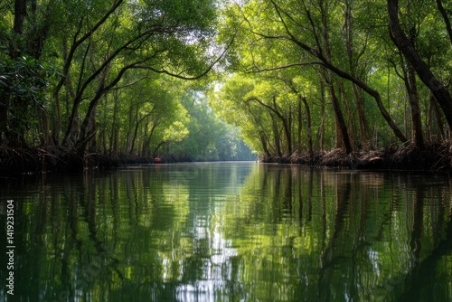 Navigating Through Tranquil Green Mangrove Forest River with Reflection
