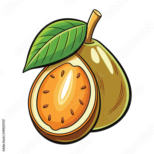 Half-sliced tropical fruit with green leaf