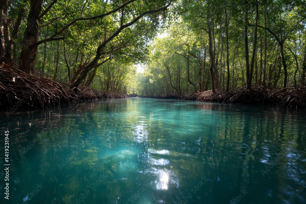 Obraz premium Exploring Tranquil Mangrove River with Clear Water and Lush Greenery