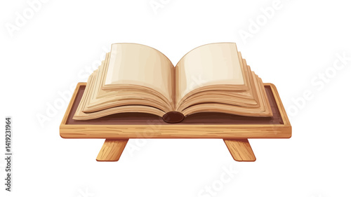 digital rendering depicts an open book, placed on a simple wooden podium, with pages in a creamy yellow hue and subtle textures and shadows that make the book appear aged.