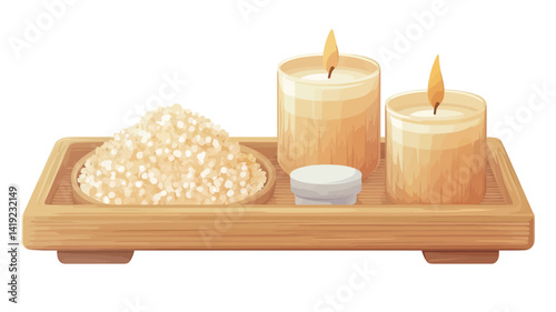 This digital rendering shows a rectangular wooden tray in a warm light brown hue, holding a collection of spa essentials.