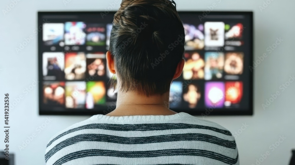Rear view of woman watching streaming service on a smart tv at home