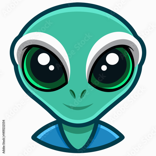 Cartoon illustration of an alien head with large eyes and a green skin tone, set against a simple background.