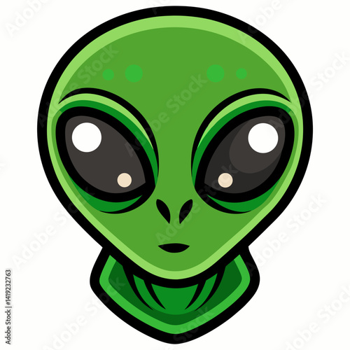 Cartoon illustration of an alien head with large eyes and a green skin tone, set against a simple background.