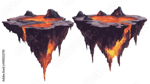 This digital illustration depicts two bizarre floating islands, each with a central pool of hot lava surrounded by volcanic rock formations.