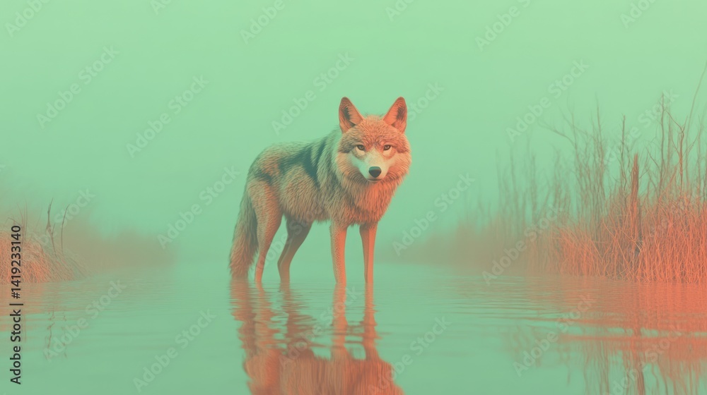 Obraz premium Lone Wolf in Misty Wetlands: A Serene Digital Painting