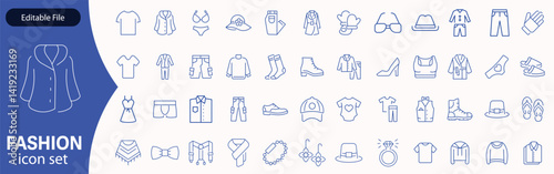 Set of line icons related to fashion, sewing, and clothing. Outline icon collection. clothes and cloth elements - minimal thin line web icon set. Outline editable icons collection. Dress ,polo t-shirt