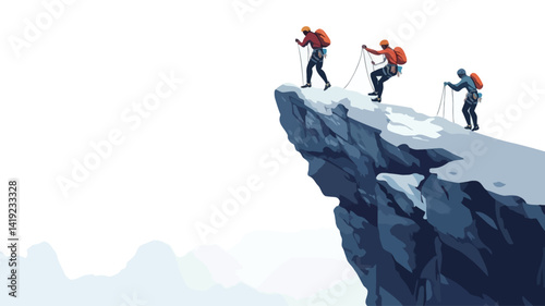 A vector illustration of three stylized climbers ascending a snowy mountain, rendered in a slightly flat red hue.