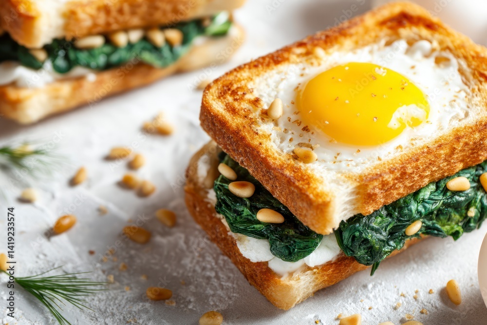 Making Breakfast Egg Sandwich with Spinach and Pine Nuts for Healthy Brunch Making Breakfast Egg Sandwich with Spinach and Pine Nuts for Healthy Brunch
