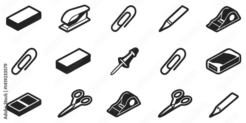 Vector of Office Supplies Icons Set with Eraser, Stapler, Paperclip, Scissors, and Tape Dispenser Vector of Office Supplies Icons Set with Eraser, Stapler, Paperclip, Scissors, and Tape Dispenser