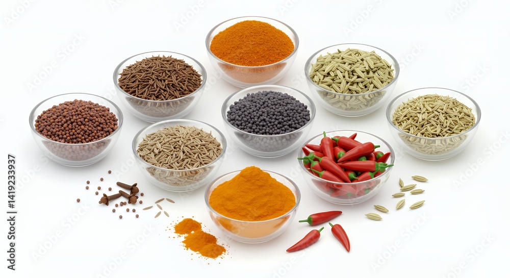 Colorful Spices in Glass Bowls Isometric 3D Render