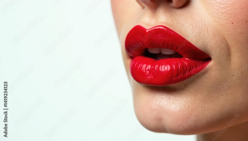 Obraz premium Close-up vibrant red lipstick, pristine white backdrop, studio shot, mouth, red lips