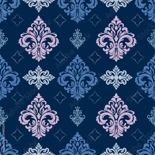 Vector seamless damask pattern with floral baroque elements in blue background. 