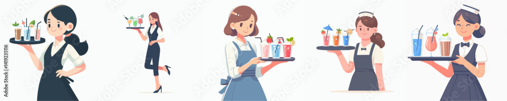 Vector collection of male and female waiters carrying trays of drinks Vector collection of male and female waiters carrying trays of drinks