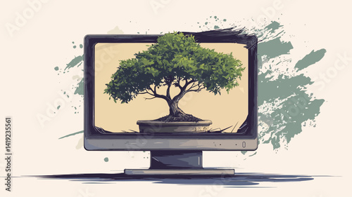 A digital illustration depicting a stylized bonsai tree is prominently displayed on a computer monitor. The bonsai tree is detailed with great attention to detail, showing off its lush green foliage.
