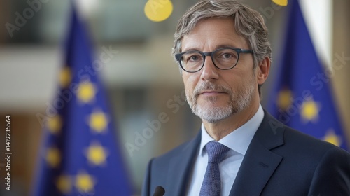 ECB official giving press statement with EU and ECB flags in background