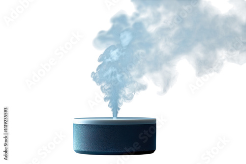 Modern blue humidifier emitting soothing steam against a black background providing tranquil on transparent background