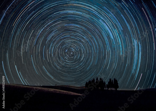 Star trails over cypress grove, Tuscany, Italy