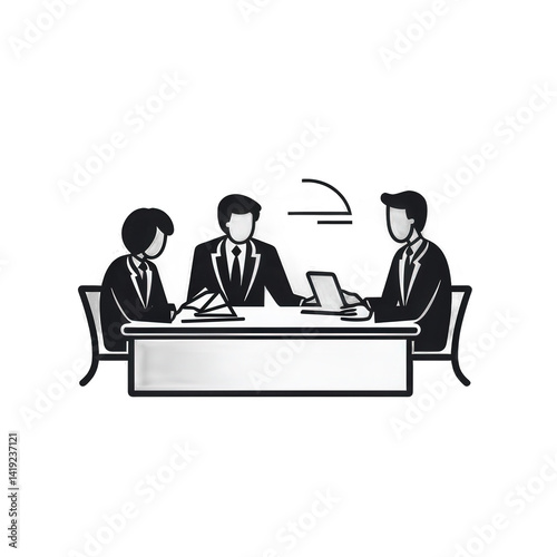 Three business professionals engaged in a meeting around a conference table, discussing strategies with a laptop and documents in a modern office setting , isolated on white or transparent png