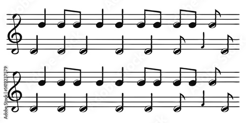 Musical Notes and Staff Vector with Treble Clef and Rhythm Symbols for Music Design