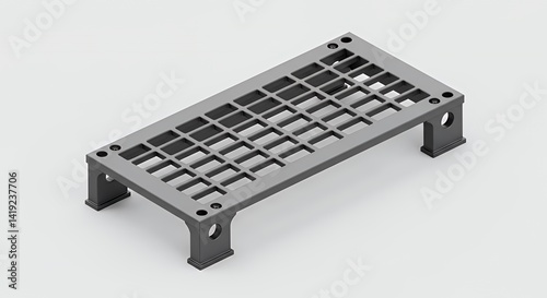 Gray Metal Grating Isometric 3D Rendering on White Background