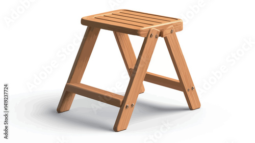 The image shows a beautifully crafted light brown wood folding stool. The top of the stool is woven from thin wooden slats and supported by a simple A-frame.