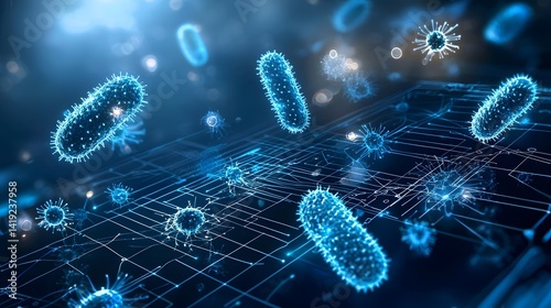 Glowing bioluminescent bacteria swimming in a dark liquid creating a futuristic and captivating biotechnology or science laboratory concept  The image has a vibrant