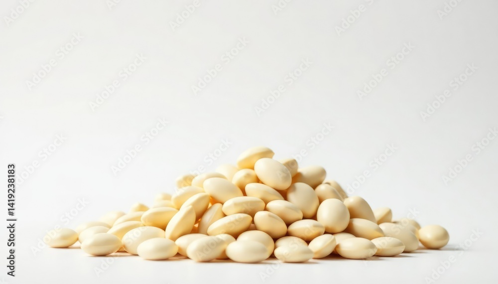 Pile of white beans against bright white backdrop, mound, harvest Pile of white beans against bright white backdrop, mound, harvest
