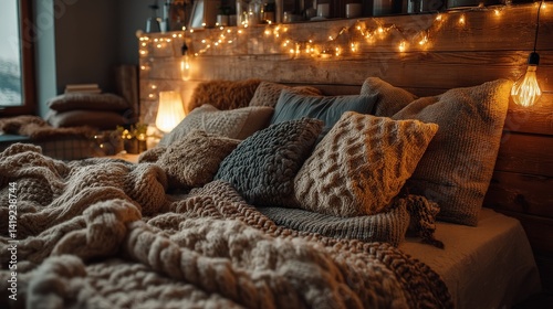 Warm and Inviting Bedroom with Layered Knit Blankets, Soft Pillows, and Fairy Lights on Wooden Headboard