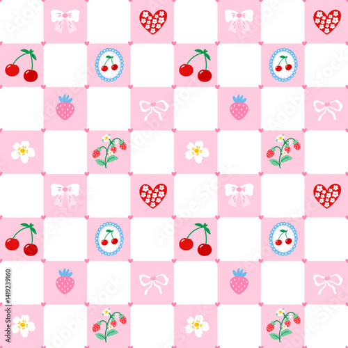 Seamless pattern with cherry, wild strawberries, hearts, flower and gingham. Ideal for children clothing, Valentines fabric, and sweet romantic prints
