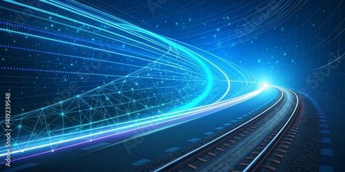 Digital Railway Networked Train Tunnel, Abstract Composition, Futuristic Technology. Digital infrastructure, smart rail