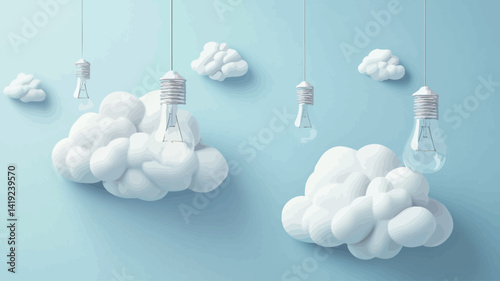 A digitally rendered 3D image shows fluffy white clouds suspended against a soft, light blue background. Several light bulbs emit a soft glow.