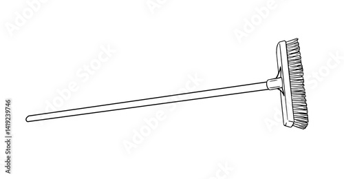 Line illustration of a long-handled floor brush. Ideal for sweeping large areas like patios, floors, or driveways. Suitable for cleaning visuals and icons.
