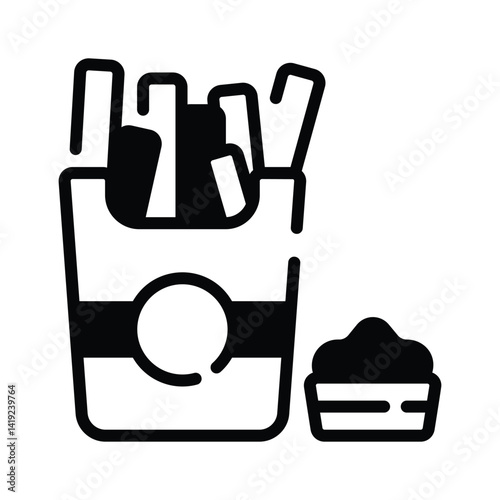 An editable glyph style icon of french fries with dip sauce