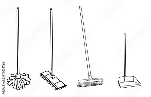 Spring cleaning set. Different floor mop and dustpan with long handle. Cleaning tools, linear vector illustration. for banner, poster, advertising about cleaning, house care