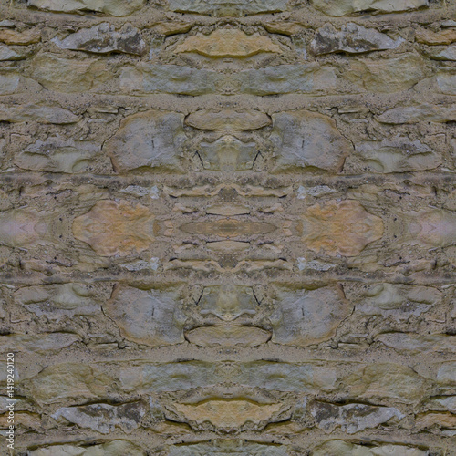 An old, gray wall made of stone and cement. Grey, stone background. Ancient ruins. Stone texture. Seamless image. Seamless image. Symmetrical.