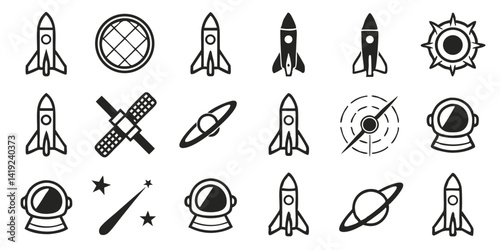 Space Exploration Rocket Vector Icons Set with Satellite, Astronaut Helmet, and Planets