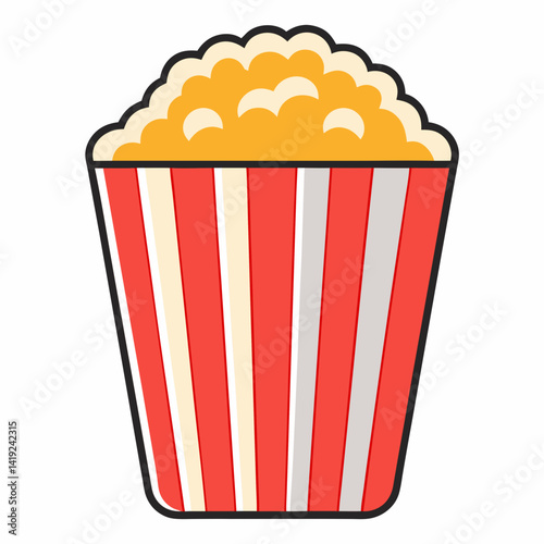 Popcorn overflowing from a red and white striped box, illustrated in a vibrant vector style.